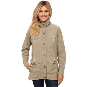 Kuhl Women's Military Field Jacket Tan Foldable Hood Sz M Hiking Camping Outdoor